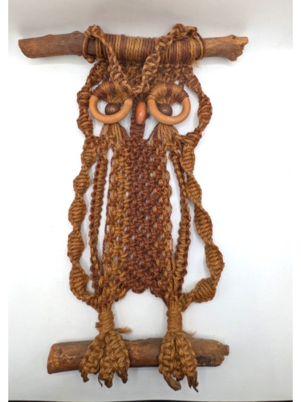 Vintage Macramé and Driftwood Hanging Owl Brown MCM Wooden Eyes Beak 23”